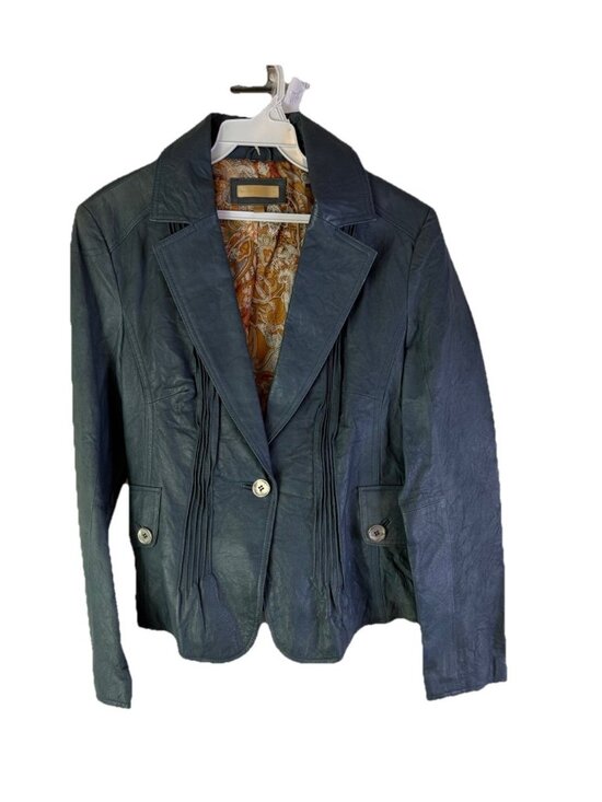 Vintage Jackets & Blazers - Vintage 90s Grunge Leather Pleated Single Button Blazer Jacket Blue